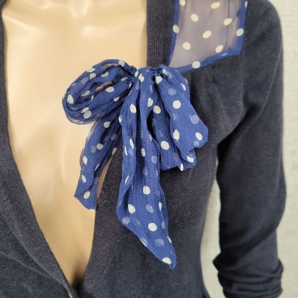 Sparrow Anthropologie Navy Blue Polka Dot Accent Cardigan Sweater Silk Linen - Picture 2 of 10